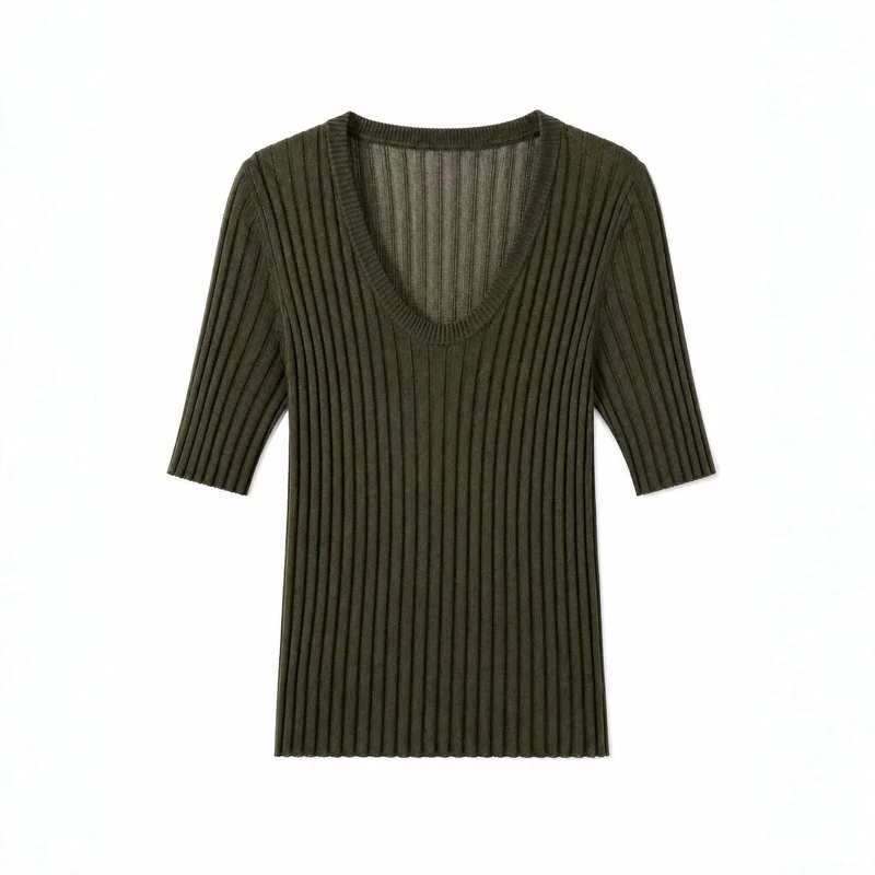 Damen Geripptes Feinstrickshirt mit tiefem U-Ausschnitt und halblangen Ärmeln Nord Taschen
