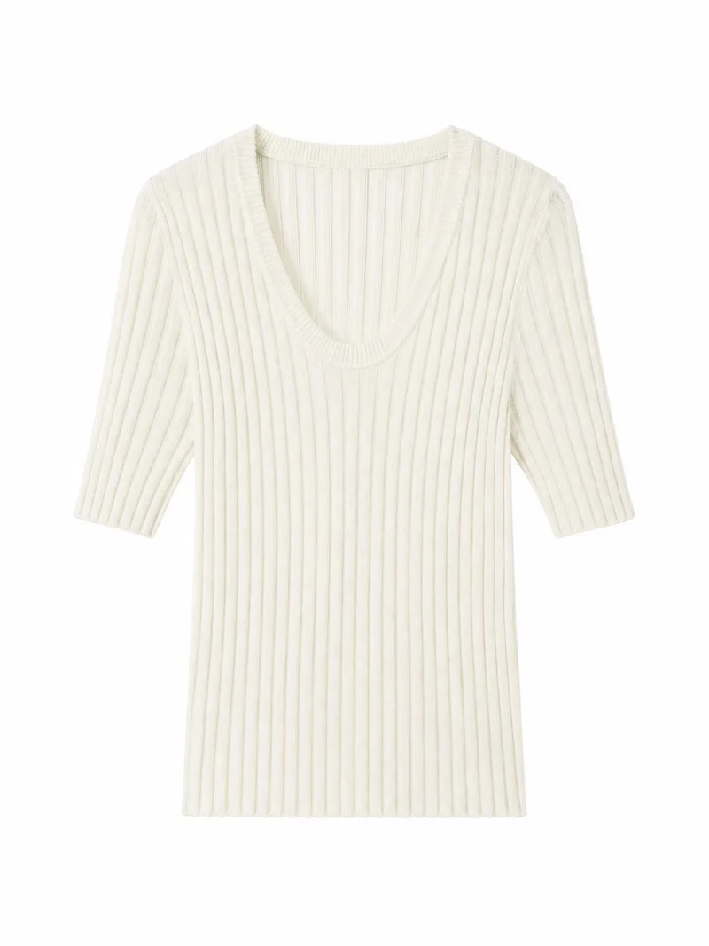 Damen Geripptes Feinstrickshirt mit tiefem U-Ausschnitt und halblangen Ärmeln Nord Taschen