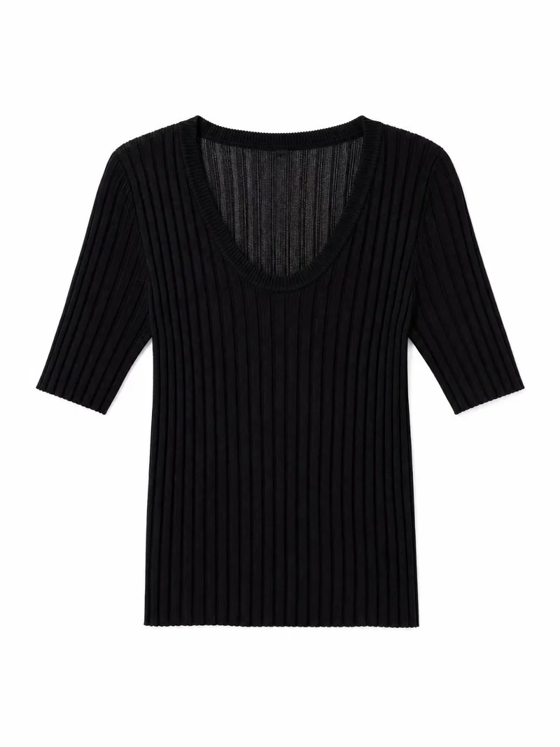 Damen Geripptes Feinstrickshirt mit tiefem U-Ausschnitt und halblangen Ärmeln Nord Taschen