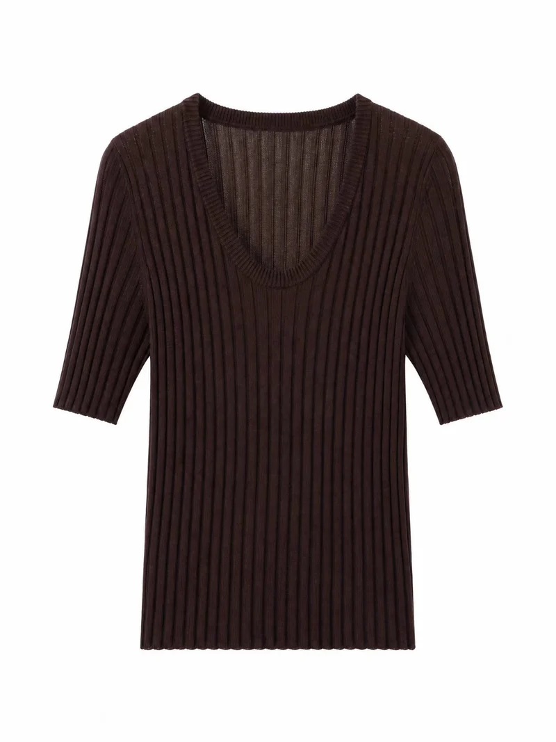 Damen Geripptes Feinstrickshirt mit tiefem U-Ausschnitt und halblangen Ärmeln Nord Taschen