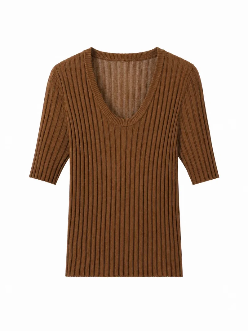 Damen Geripptes Feinstrickshirt mit tiefem U-Ausschnitt und halblangen Ärmeln Nord Taschen