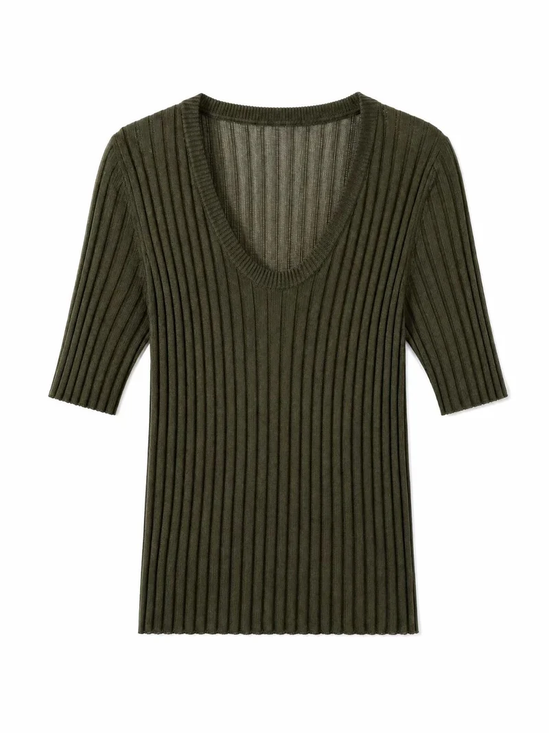 Damen Geripptes Feinstrickshirt mit tiefem U-Ausschnitt und halblangen Ärmeln Nord Taschen