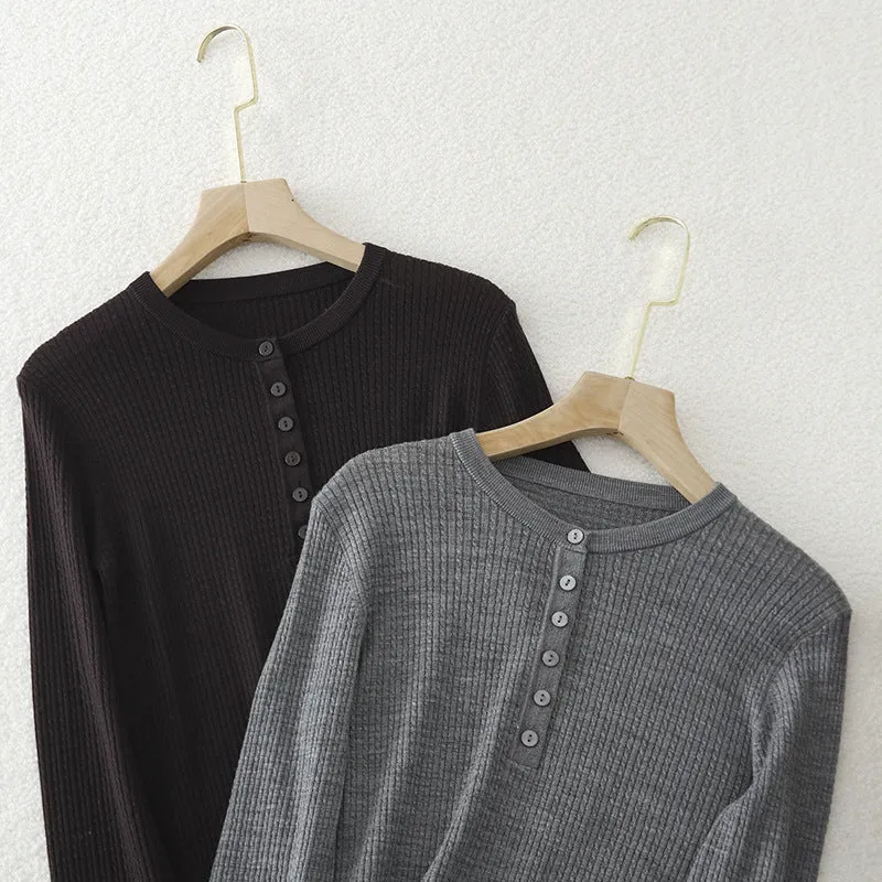 Damen Gerippter Henley-Feinstrickpullover mit schmaler Silhouette Nord Taschen