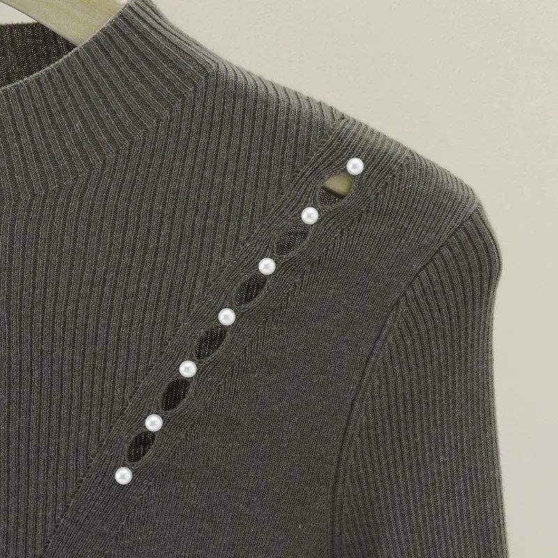 Damen Feinstrick-Pullover mit Perlenbesatz und Zierlochkante Nord Taschen