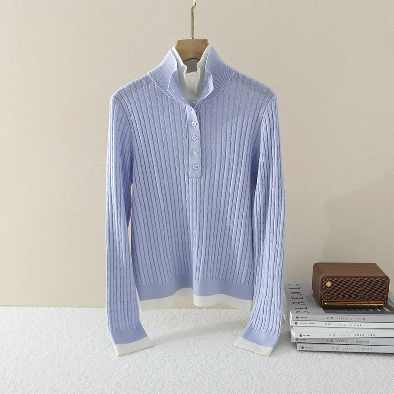Damen Feinstrick-Polo-Pullover mit Rippstruktur, Stehkragen und Knopfleiste Nord Taschen