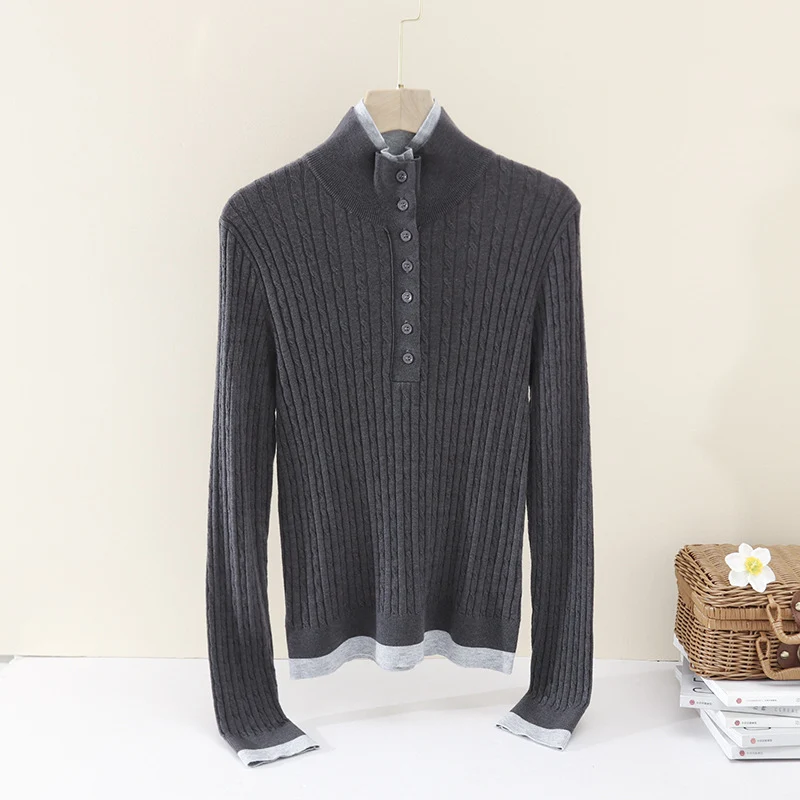Damen Feinstrick-Polo-Pullover mit Rippstruktur, Stehkragen und Knopfleiste Nord Taschen