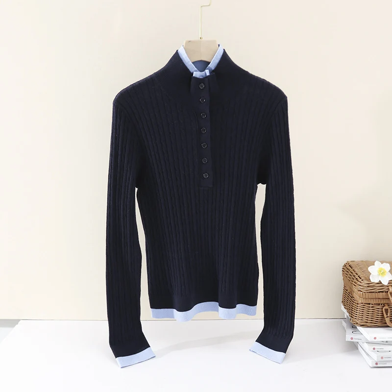 Damen Feinstrick-Polo-Pullover mit Rippstruktur, Stehkragen und Knopfleiste Nord Taschen