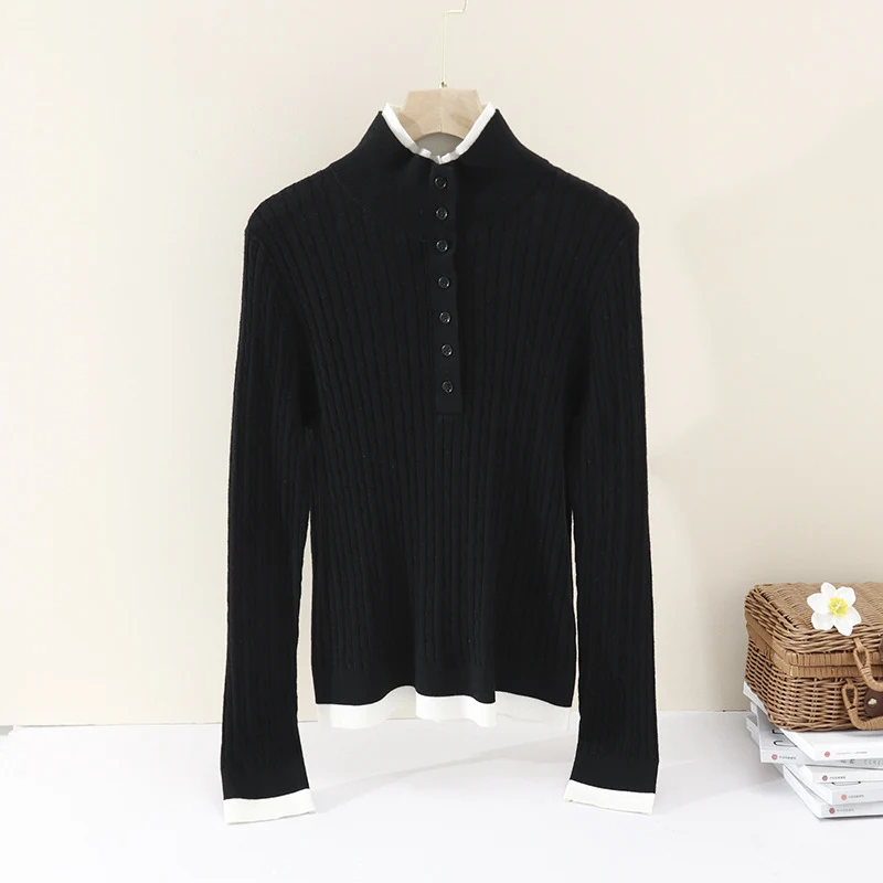 Damen Feinstrick-Polo-Pullover mit Rippstruktur, Stehkragen und Knopfleiste Nord Taschen