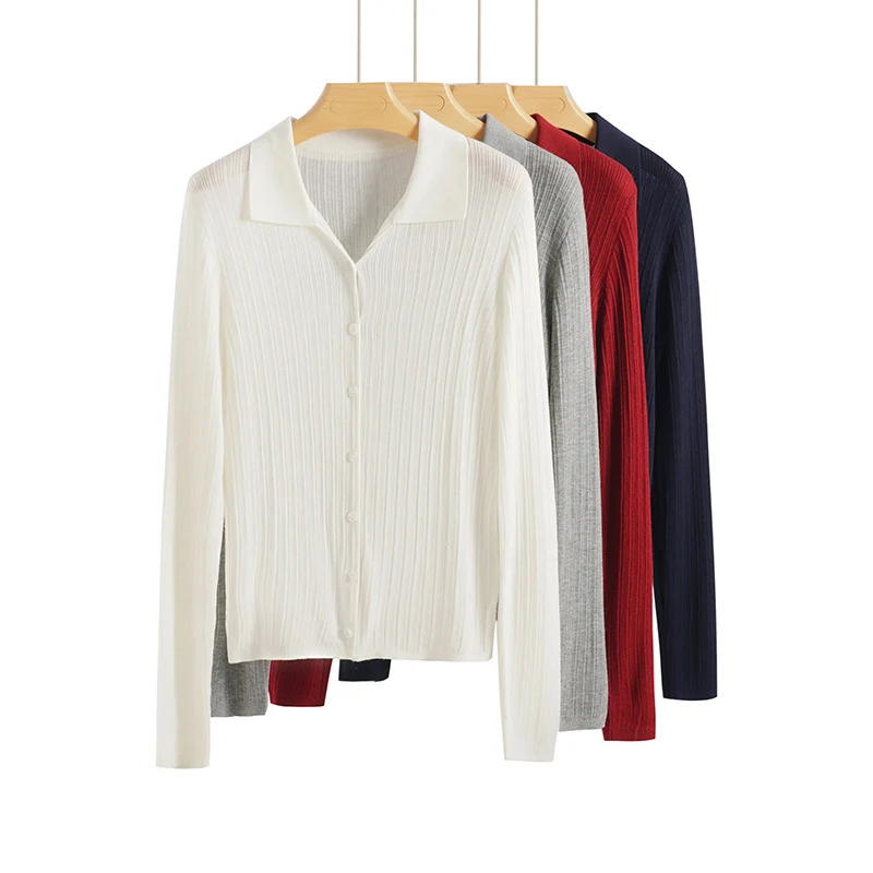 Damen Feinstrick-Cardigan mit Rippenstruktur, Knopfleiste und Polokragen Nord Taschen