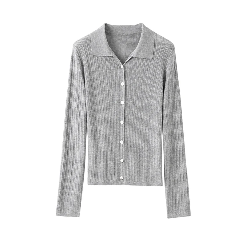 Damen Feinstrick-Cardigan mit Rippenstruktur, Knopfleiste und Polokragen Nord Taschen