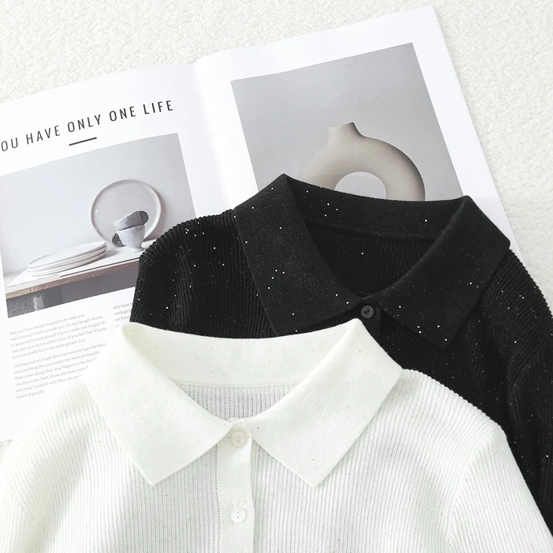 Damen Feinstrick-Cardigan mit Polokragen, Knopfleiste und dezentem Glitzereffekt Nord Taschen