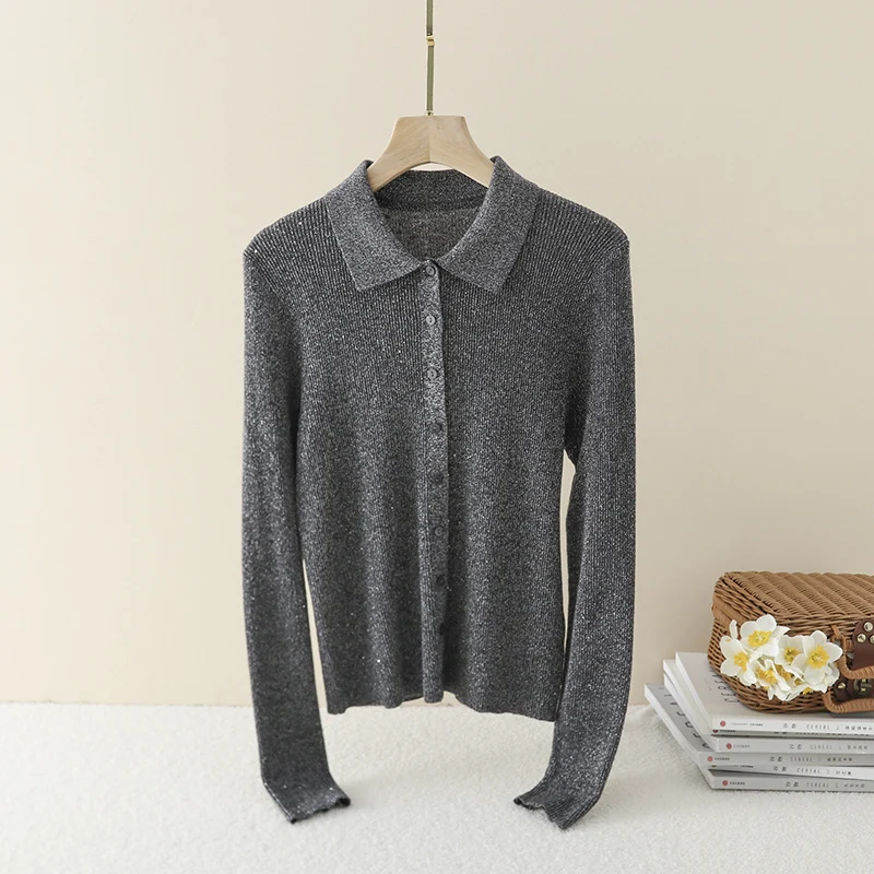 Damen Feinstrick-Cardigan mit Polokragen, Knopfleiste und dezentem Glitzereffekt Nord Taschen
