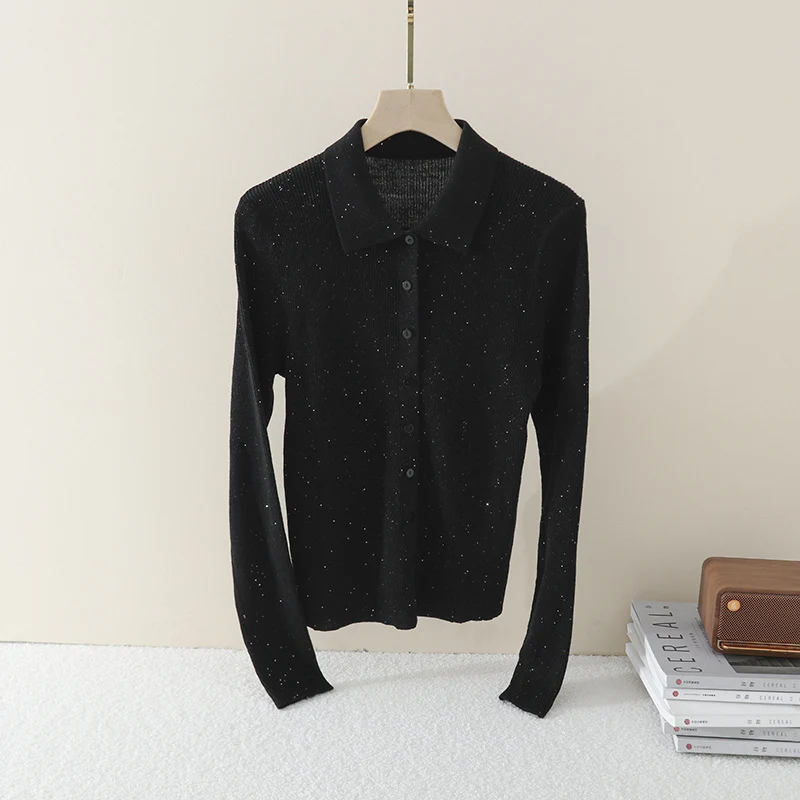 Damen Feinstrick-Cardigan mit Polokragen, Knopfleiste und dezentem Glitzereffekt Nord Taschen
