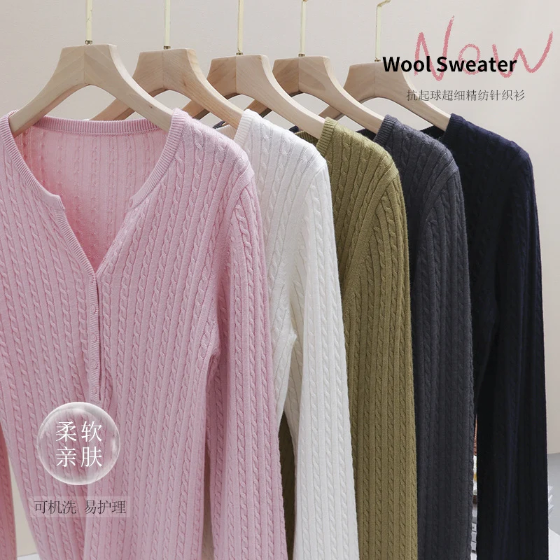 Damen Feines Zopfmuster-Henley-Feinstrickshirt mit Rundhals & Knopfleiste Nord Taschen