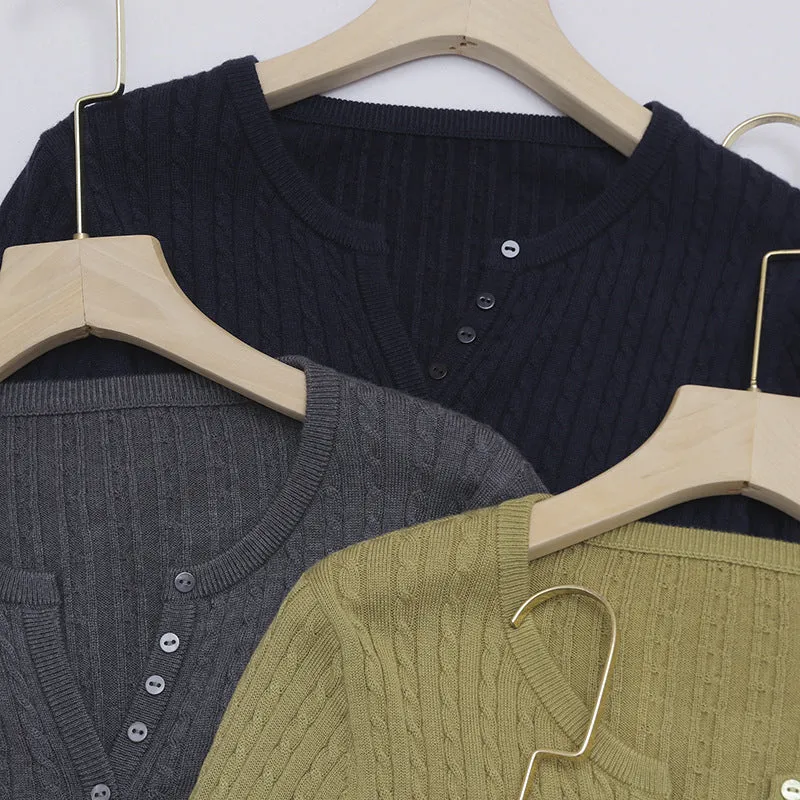 Damen Feines Zopfmuster-Henley-Feinstrickshirt mit Rundhals & Knopfleiste Nord Taschen