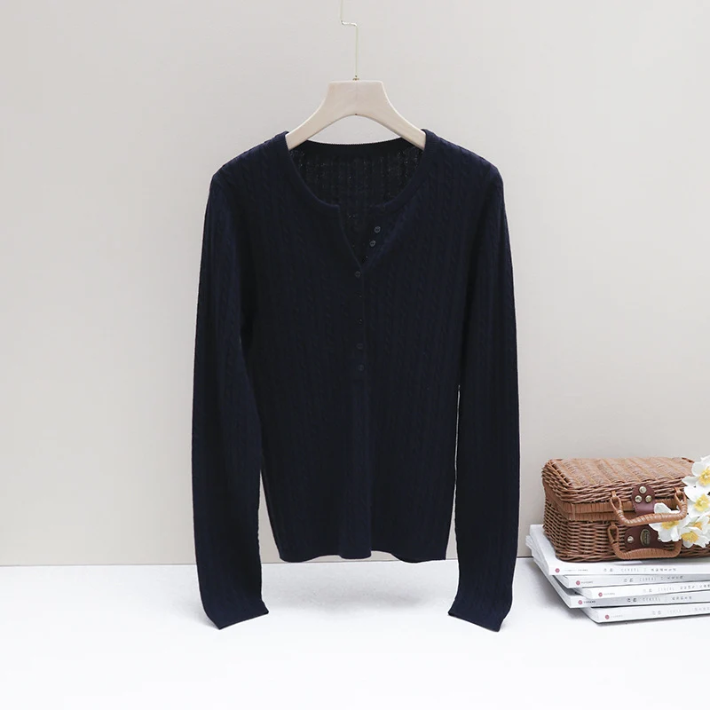 Damen Feines Zopfmuster-Henley-Feinstrickshirt mit Rundhals & Knopfleiste Nord Taschen