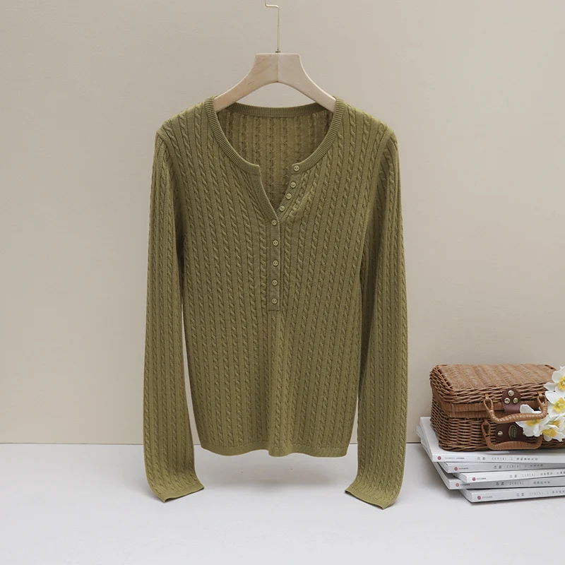 Damen Feines Zopfmuster-Henley-Feinstrickshirt mit Rundhals & Knopfleiste Nord Taschen