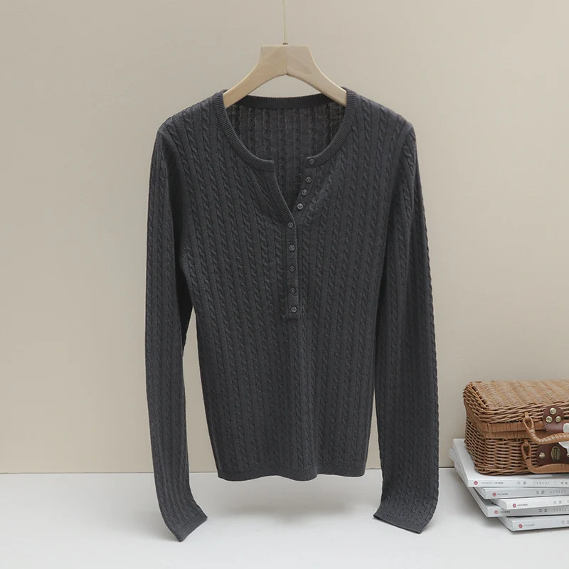 Damen Feines Zopfmuster-Henley-Feinstrickshirt mit Rundhals & Knopfleiste Nord Taschen