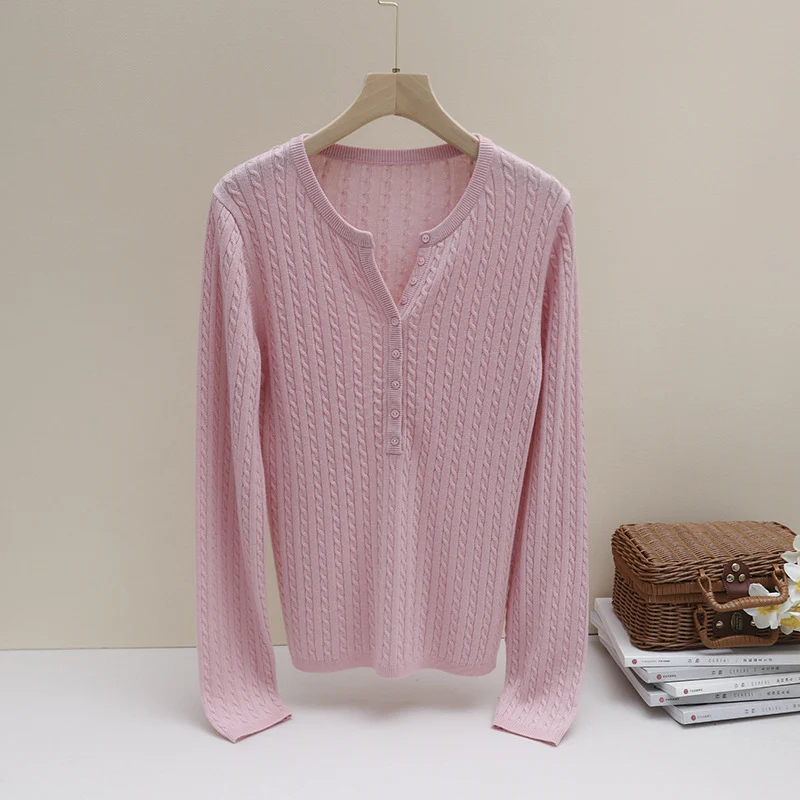 Damen Feines Zopfmuster-Henley-Feinstrickshirt mit Rundhals & Knopfleiste Nord Taschen