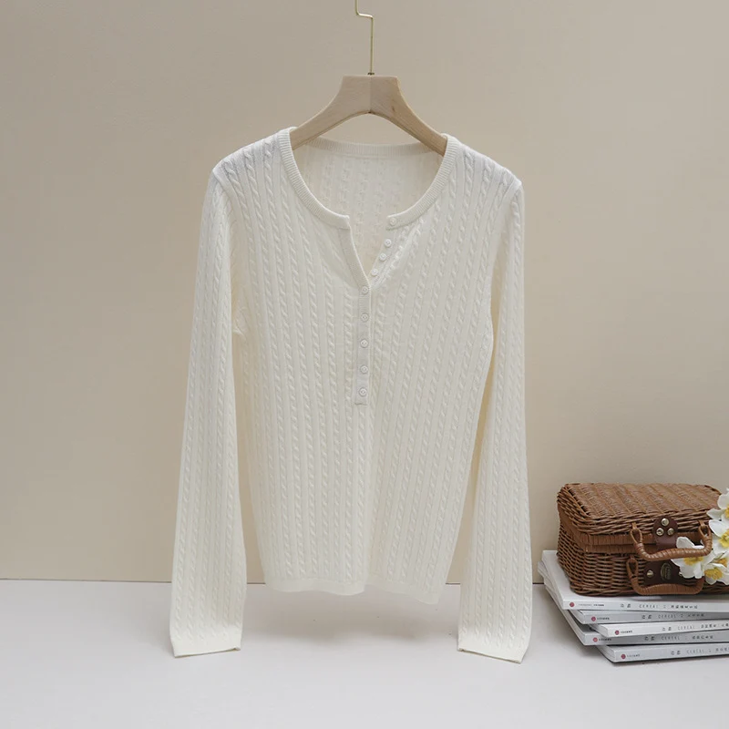 Damen Feines Zopfmuster-Henley-Feinstrickshirt mit Rundhals & Knopfleiste Nord Taschen