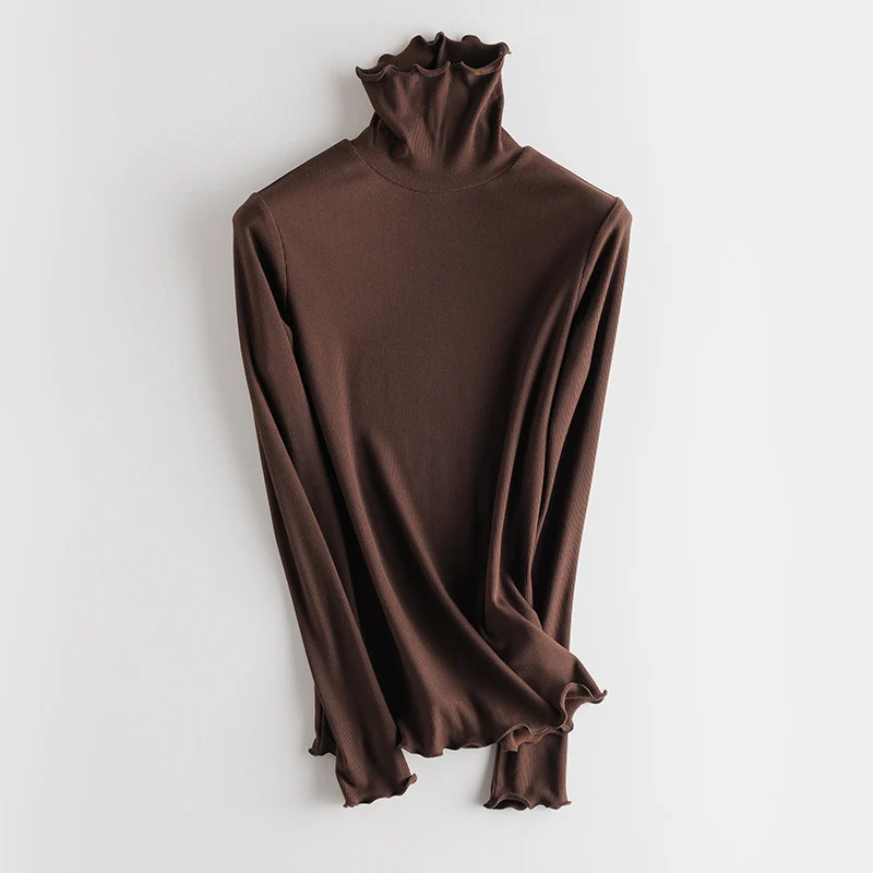 Damen Feines Ripp-Langarmshirt mit Rollkragen und Volantkanten Nord Taschen