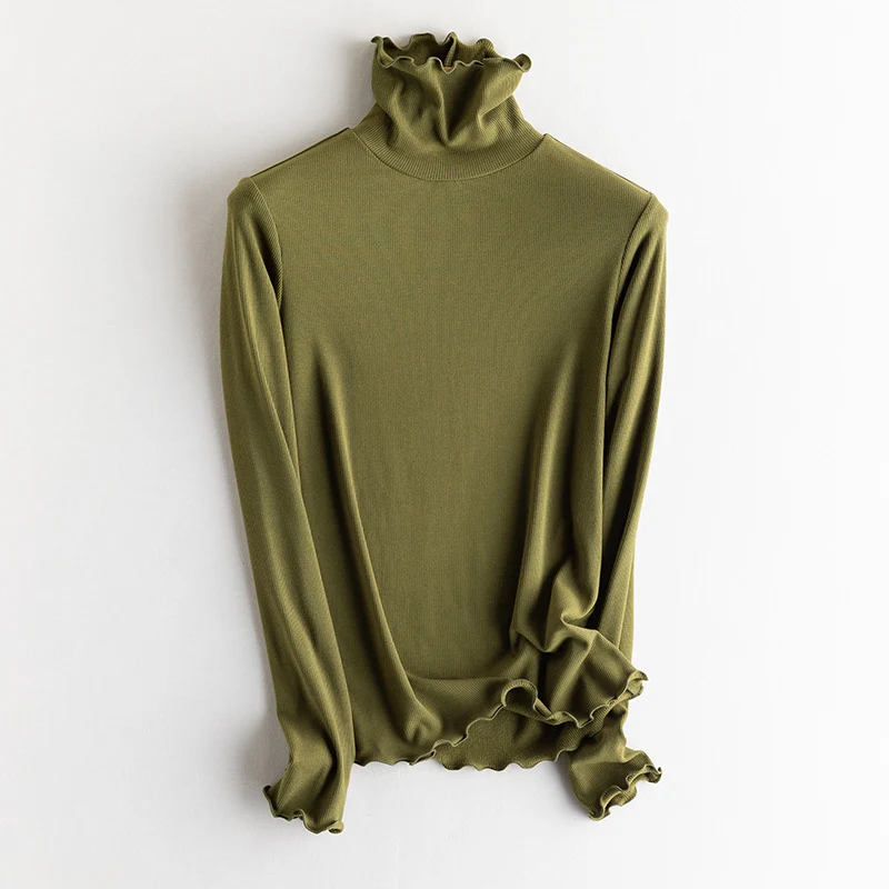 Damen Feines Ripp-Langarmshirt mit Rollkragen und Volantkanten Nord Taschen