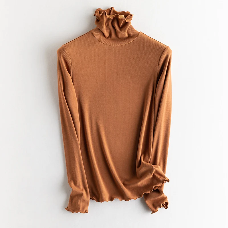 Damen Feines Ripp-Langarmshirt mit Rollkragen und Volantkanten Nord Taschen