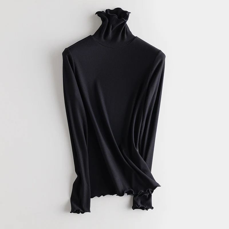 Damen Feines Ripp-Langarmshirt mit Rollkragen und Volantkanten Nord Taschen