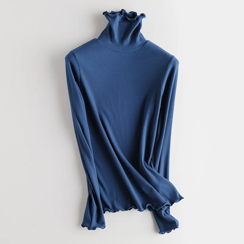 Damen Feines Ripp-Langarmshirt mit Rollkragen und Volantkanten Nord Taschen