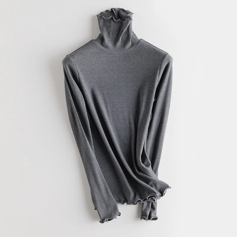 Damen Feines Ripp-Langarmshirt mit Rollkragen und Volantkanten Nord Taschen