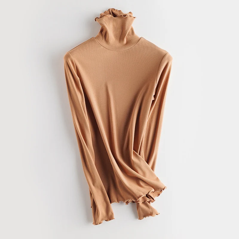 Damen Feines Ripp-Langarmshirt mit Rollkragen und Volantkanten Nord Taschen