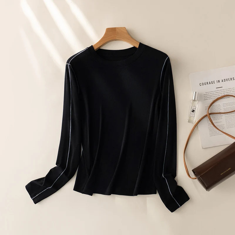 Damen Feines Langarm-Feinstrickshirt mit Kontrastpaspel an den Ärmeln Nord Taschen