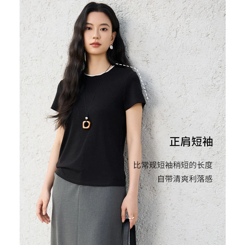 Damen Feines geripptes Kurzarm-T-Shirt aus stretchigem Baumwoll-Modal mit Rundhals Nord Taschen