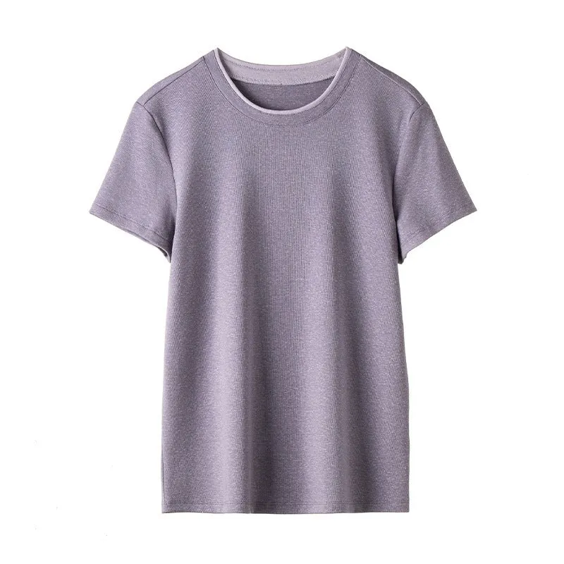 Damen Feines geripptes Kurzarm-T-Shirt aus stretchigem Baumwoll-Modal mit Rundhals Nord Taschen