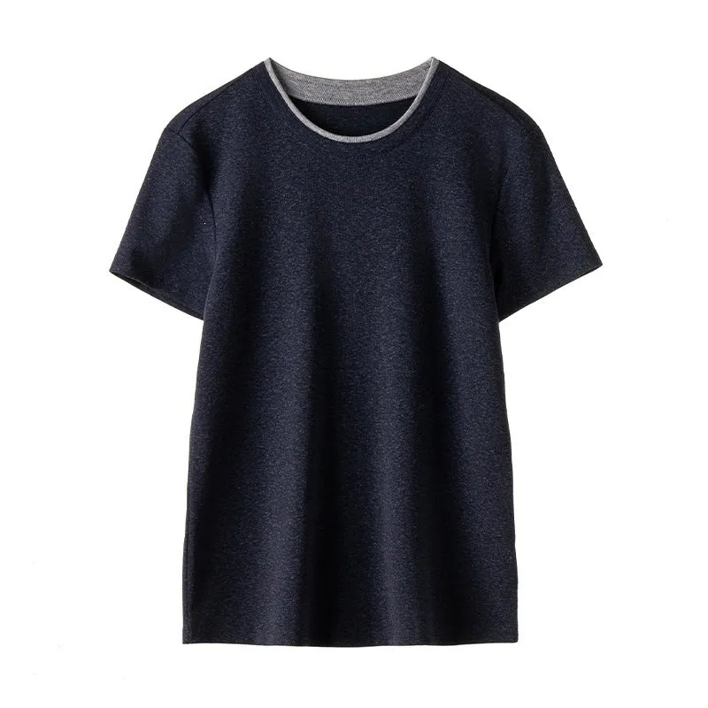 Damen Feines geripptes Kurzarm-T-Shirt aus stretchigem Baumwoll-Modal mit Rundhals Nord Taschen