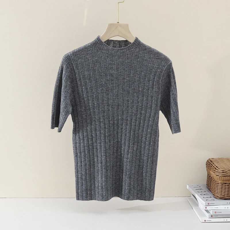 Damen Feines Geripptes Kurzarm-Feinstrickshirt mit Stehkragen Nord Taschen