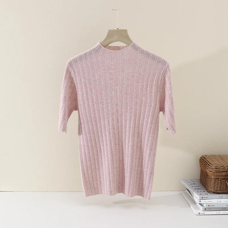 Damen Feines Geripptes Kurzarm-Feinstrickshirt mit Stehkragen Nord Taschen