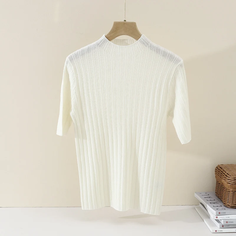 Damen Feines Geripptes Kurzarm-Feinstrickshirt mit Stehkragen Nord Taschen