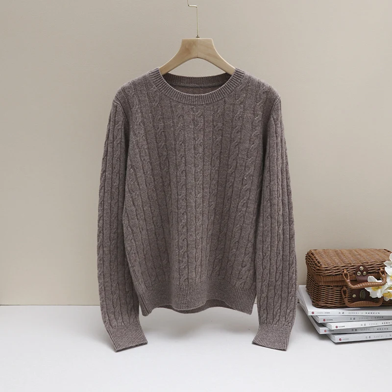 Damen Feiner Zopfmuster-Kabelstrickpullover mit Rundhalsausschnitt und Kaschmir‑Effekt Nord Taschen