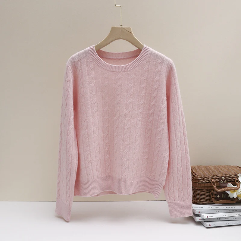 Damen Feiner Zopfmuster-Kabelstrickpullover mit Rundhalsausschnitt und Kaschmir‑Effekt Nord Taschen