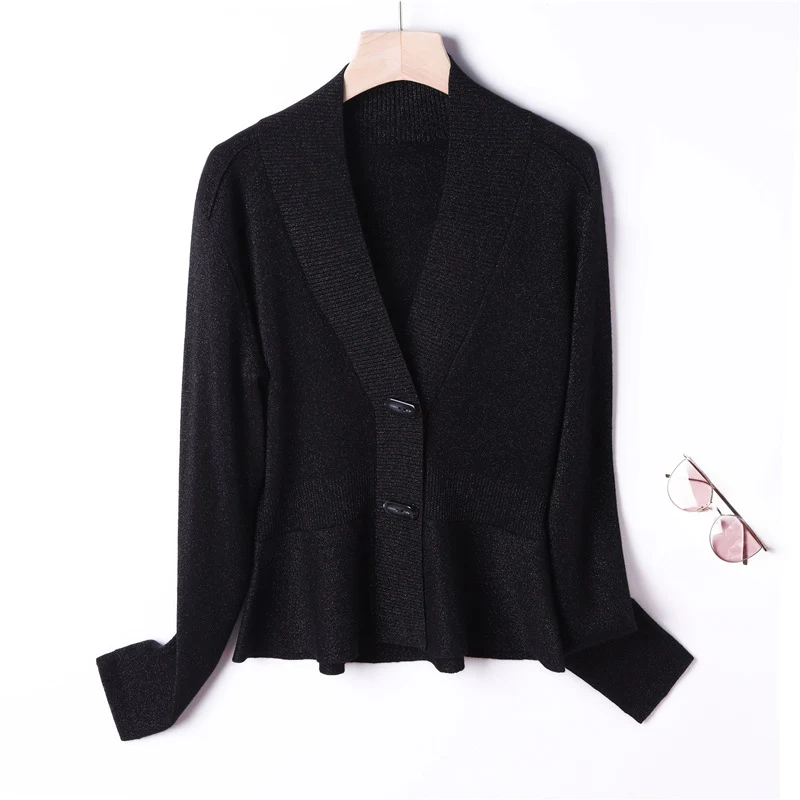 Damen Feiner Strickcardigan mit Schalkragen, taillenbetontem Peplum und Zierknopfleiste Nord Taschen