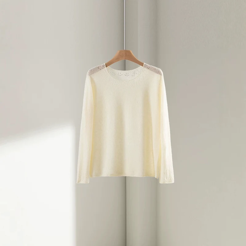 Damen Feiner Rundhals-Pullover mit Spitzenstrick-Detail Nord Taschen