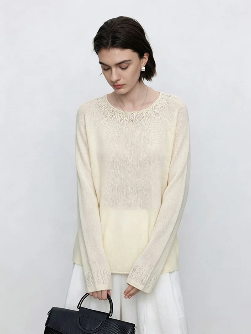 Damen Feiner Rundhals-Pullover mit Spitzenstrick-Detail Nord Taschen