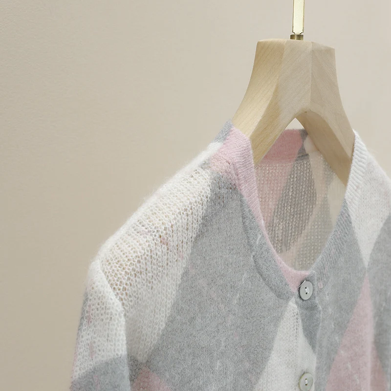 Damen Feiner Rundhals-Cardigan mit Rauten‑Argyle‑Muster aus leichtem Feinstrick Nord Taschen