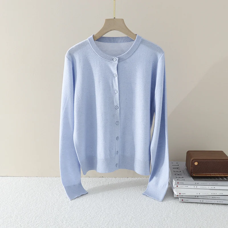 Damen Feiner Rundhals-Cardigan aus leichtem Feinstrick mit Perlmuttknopfleiste und dezentem Glitzereffekt Nord Taschen