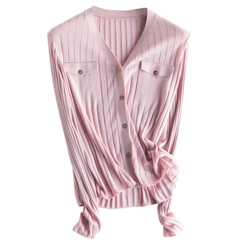 Damen Feiner gerippter Knopfcardigan mit V‑Ausschnitt und Brustklappen Nord Taschen