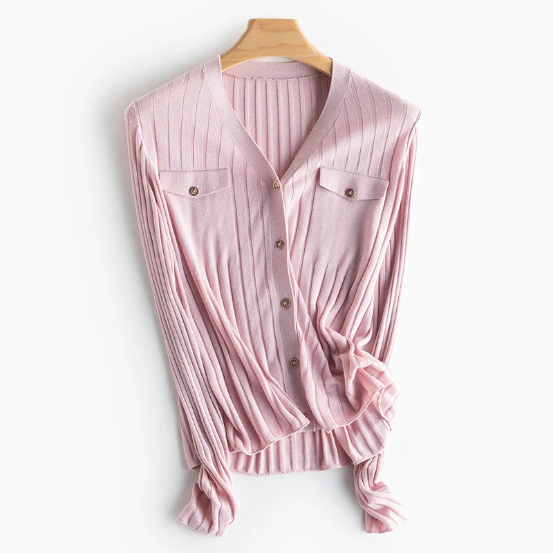 Damen Feiner gerippter Knopfcardigan mit V‑Ausschnitt und Brustklappen Nord Taschen