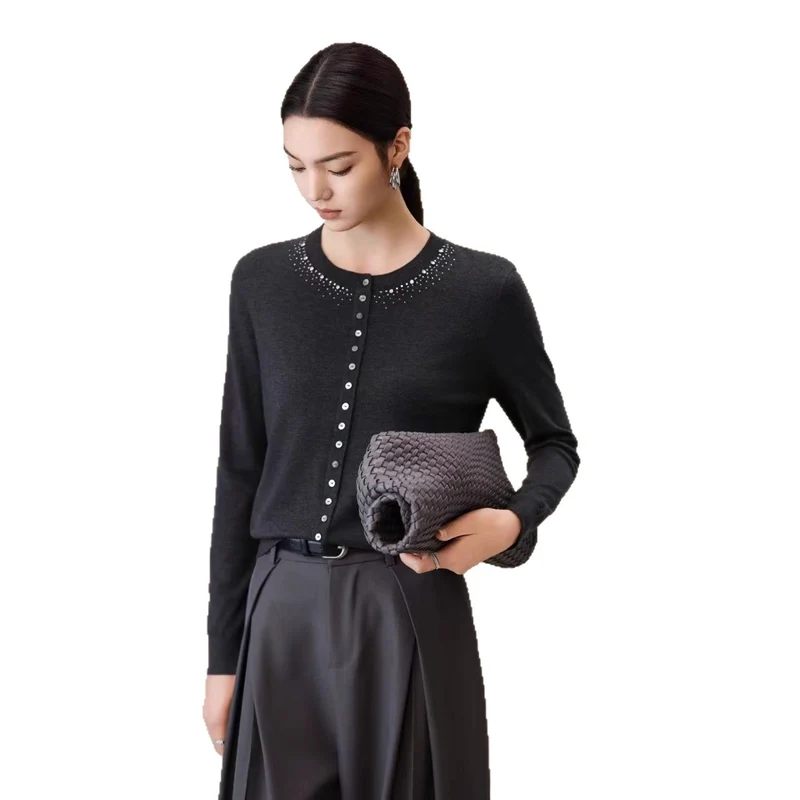 Damen Feiner Feinstrick-Cardigan mit Perlendekor am Rundhalsausschnitt Nord Taschen