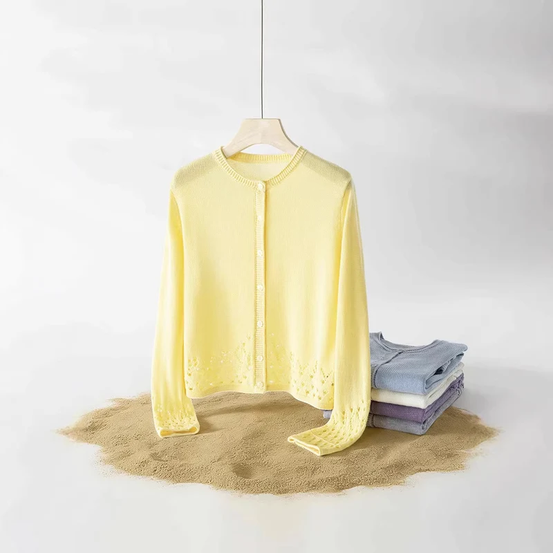 Damen Feiner Feinstrick-Cardigan mit Ajourmuster am Saum und Rundhalsausschnitt Nord Taschen