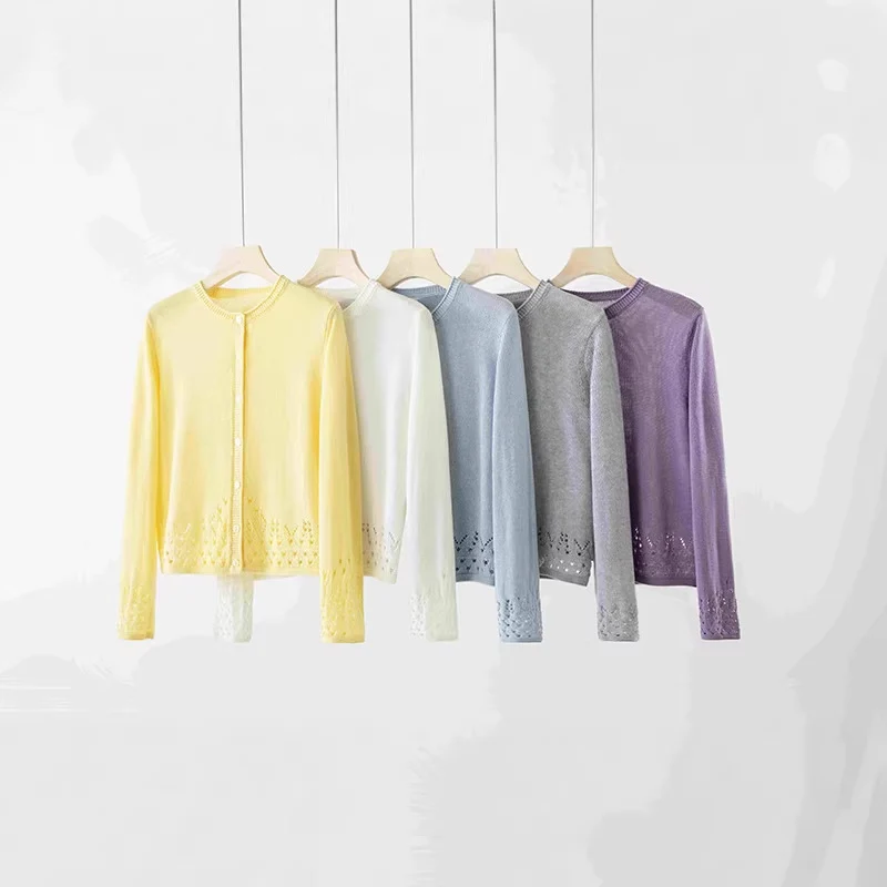 Damen Feiner Feinstrick-Cardigan mit Ajourmuster am Saum und Rundhalsausschnitt Nord Taschen